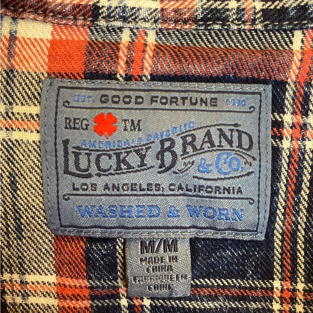 🔥 Lucky Brand Plaid Flannel Shirt Red Blue Snap Western Medium - Picture 2 of 7